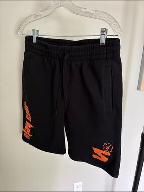 Black Men's Athletic Fleece Shorts with Orange Graphic Details